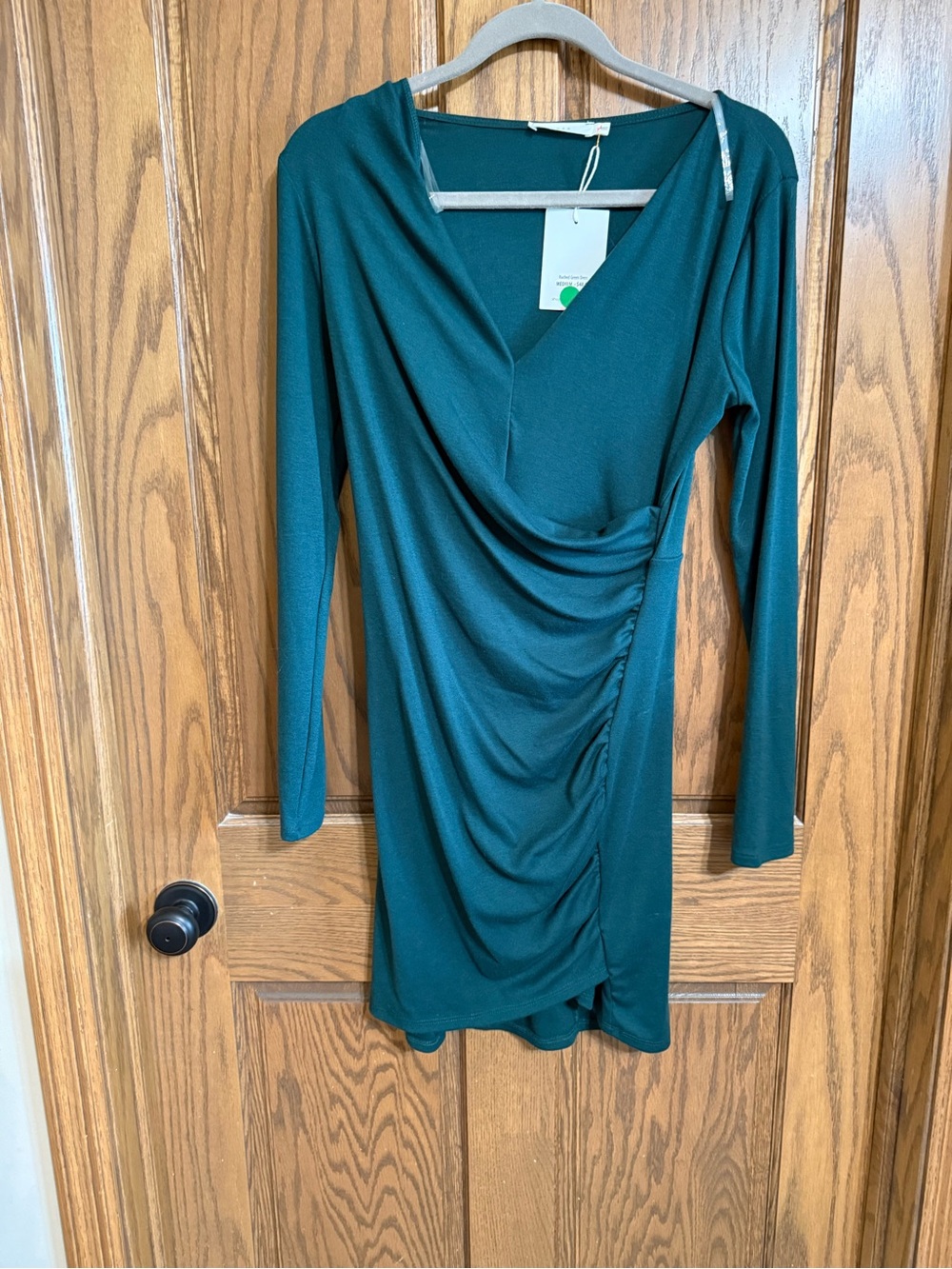 Lush Deep Teal Long Sleeve Draped Ruched V-Neck Dress